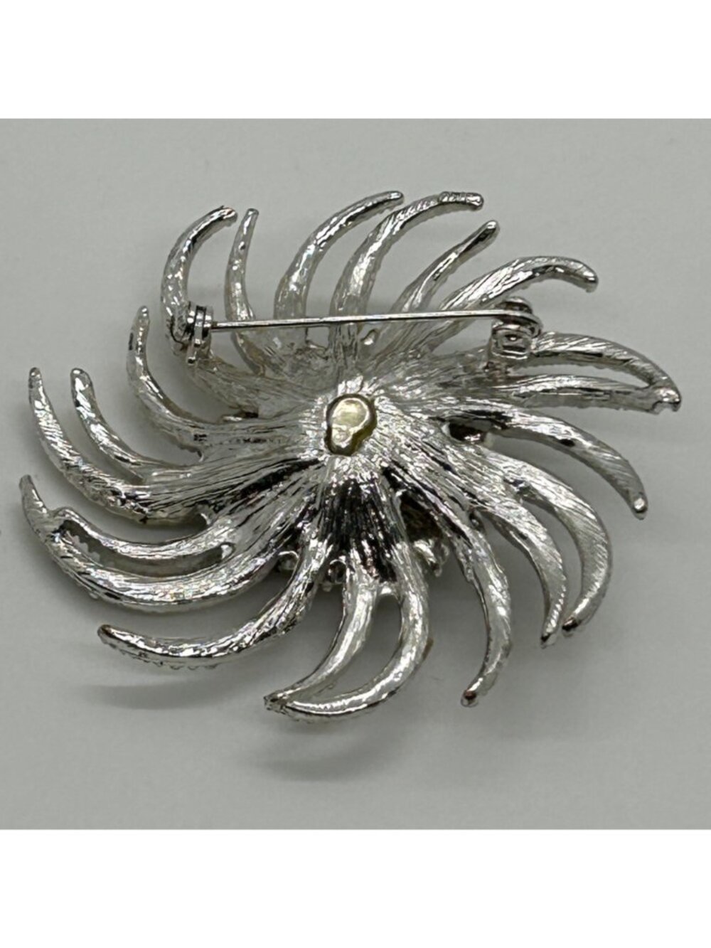 Vintage Silvertone Brooch Sunburst Starburst Swirl Rhinestone Retro Mid-Century - Picture 10 of 16